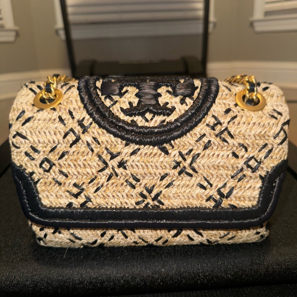Tory Burch Women's Fleming Soft Straw Shoulder Bag  in Natural/Black